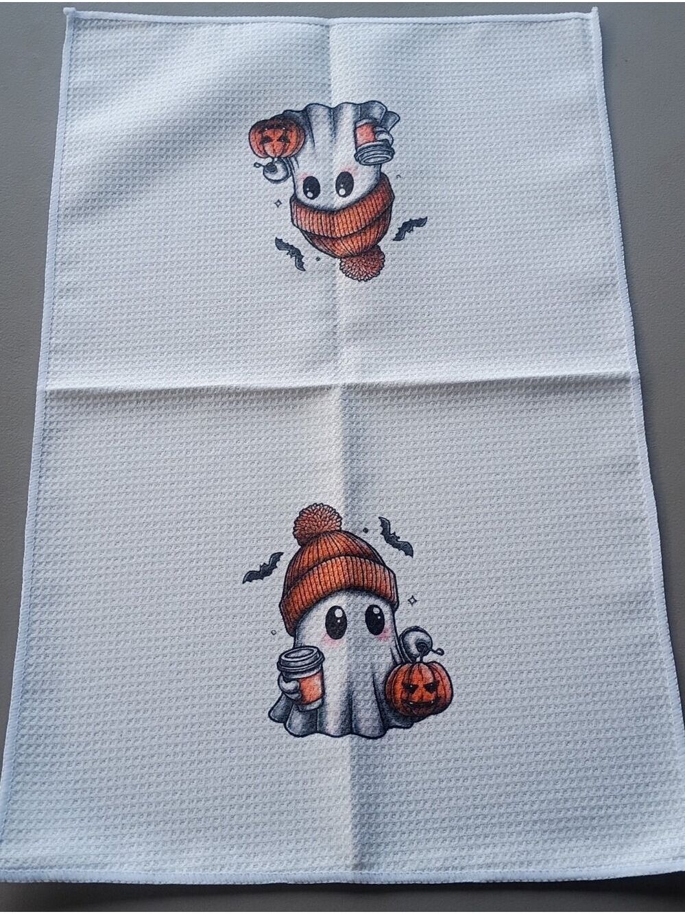 Halloween Ghost Print White Kitchen Towel with Orange Accents